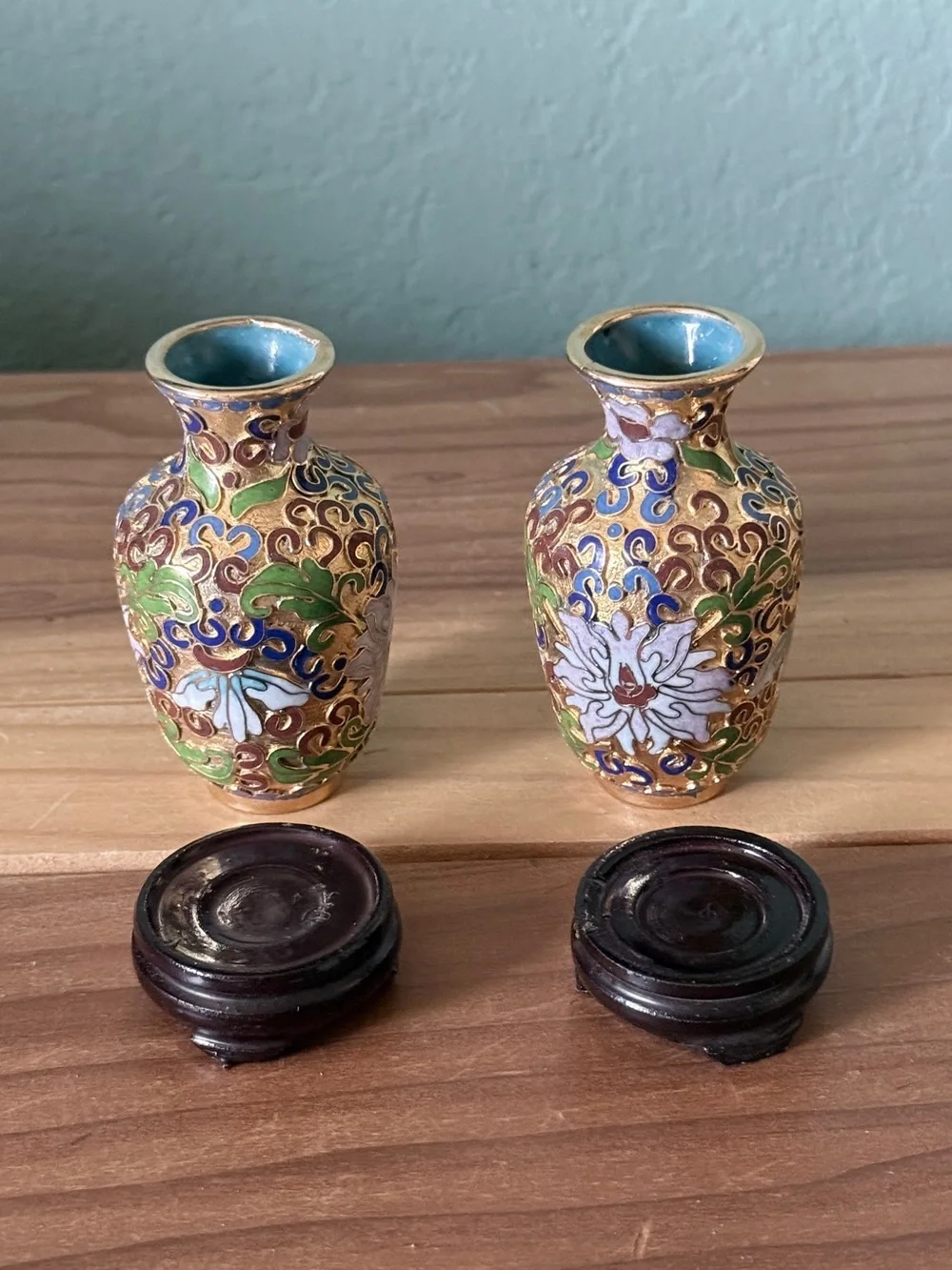 Vintage Chinese Cloisonne Lotus Vases 3” Pair w/ Wood Stands & Original Box